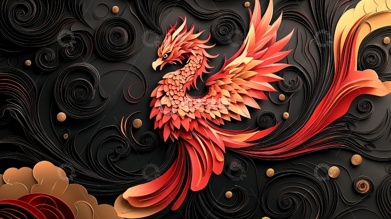 高清大图下载【趣麦麦图】红黑剪纸凤凰