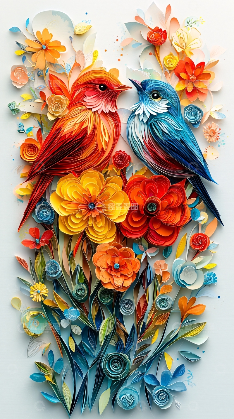 高清大图下载【趣麦麦图】色彩鲜艳的纸艺鸟与花