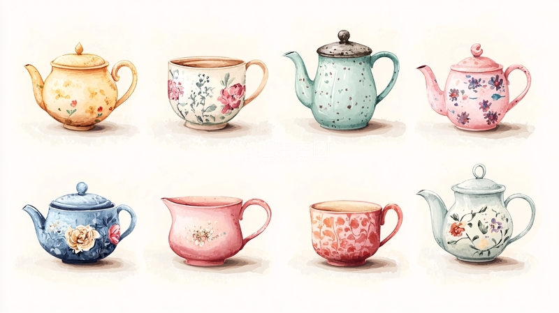 高清大图下载【趣麦麦图】水彩风格复古茶具