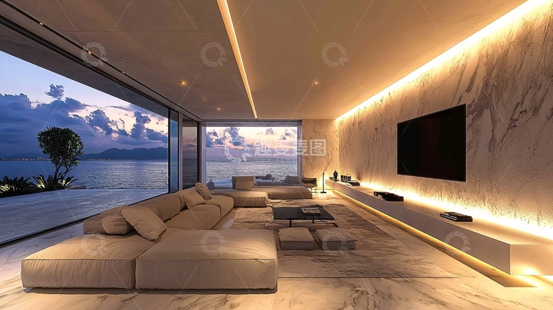 高清大图下载【趣麦麦图】现代极简海景客厅