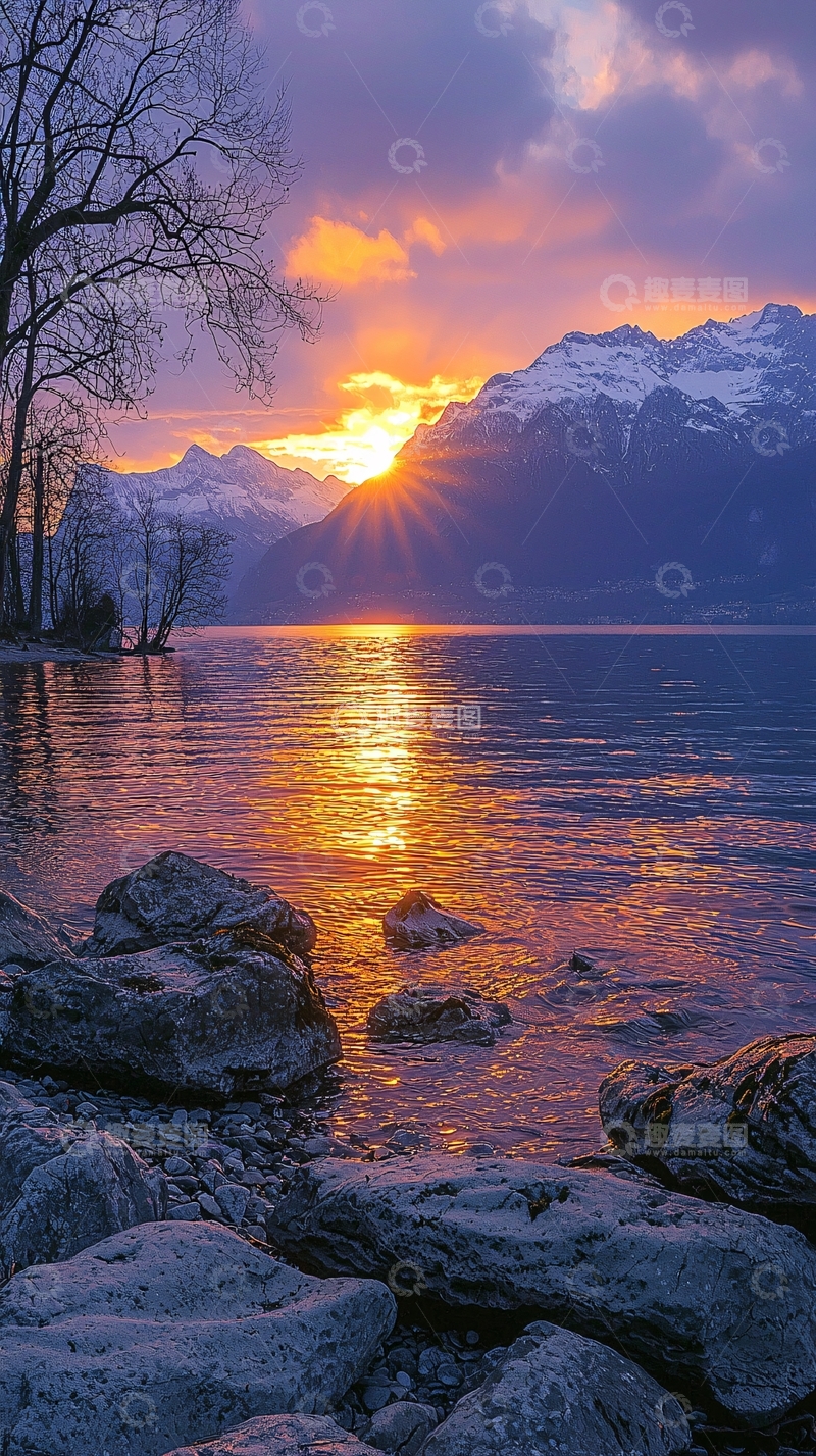 高清大图下载【趣麦麦图】日落湖泊山脉风景