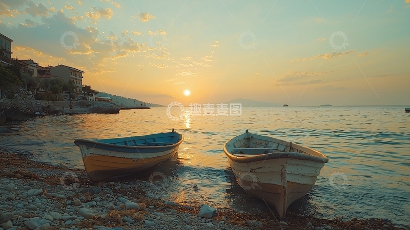 高清大图下载【趣麦麦图】傍晚海边两艘小船