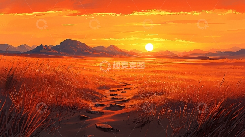 高清大图下载【趣麦麦图】夕阳下的草原风景