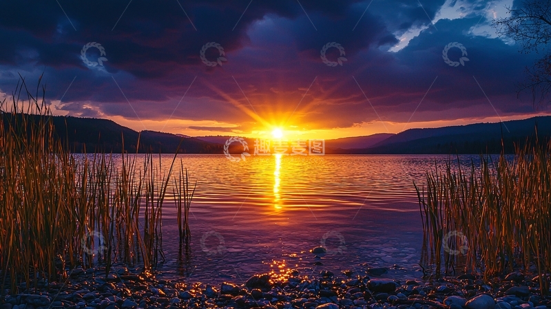 高清大图下载【趣麦麦图】湖边日落