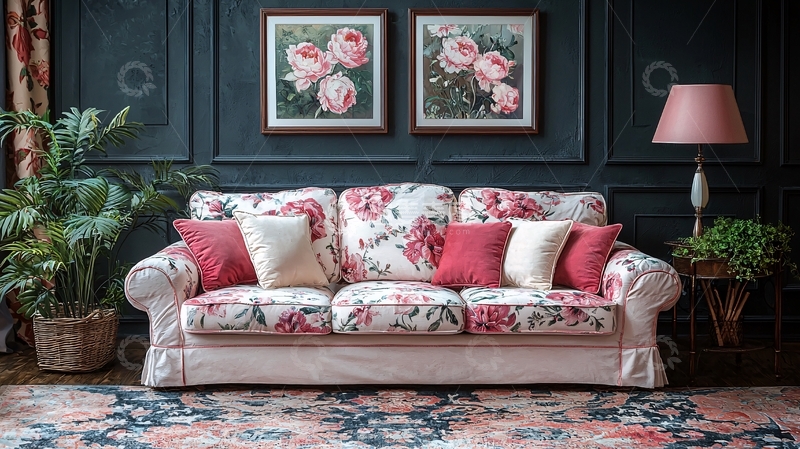 高清大图下载【趣麦麦图】粉色玫瑰印花沙发