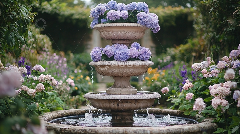 高清大图下载【趣麦麦图】花园喷泉紫绣球花