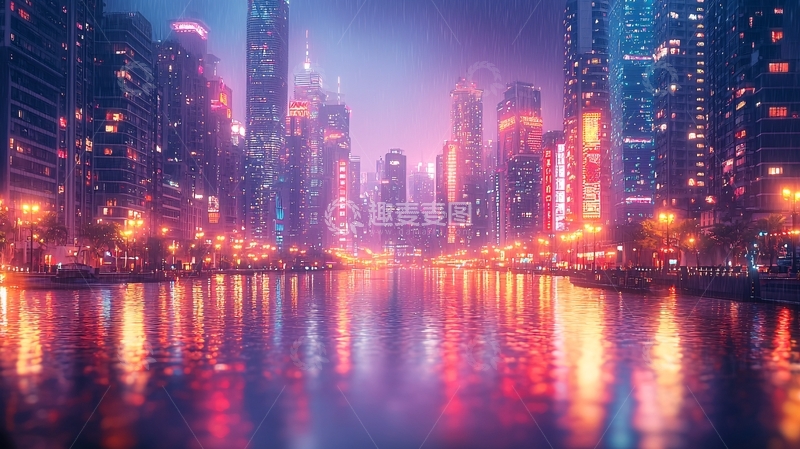 高清大图下载【趣麦麦图】夜景城市河流倒影