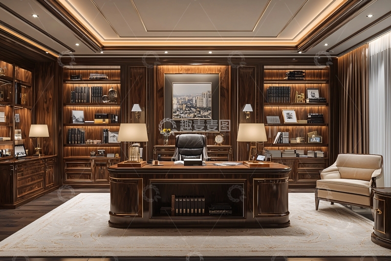 高清大图下载【趣麦麦图】奢华深色木质书房