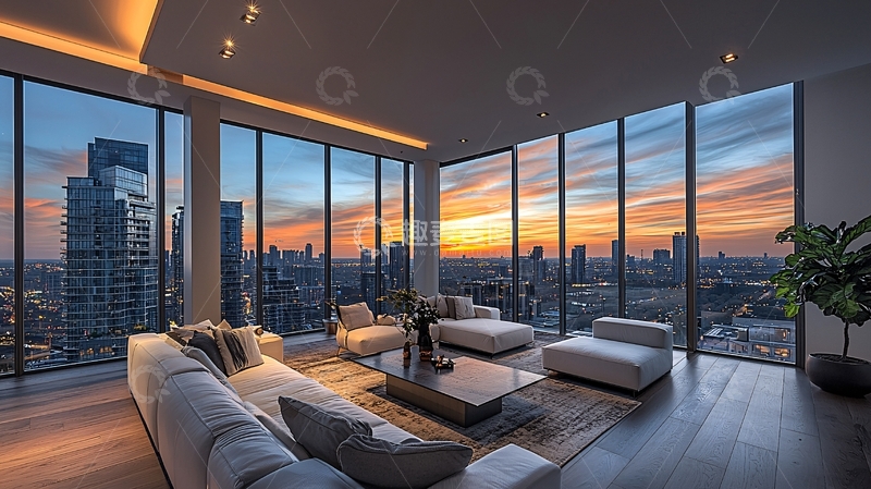 高清大图下载【趣麦麦图】极简风格落地窗公寓夜景