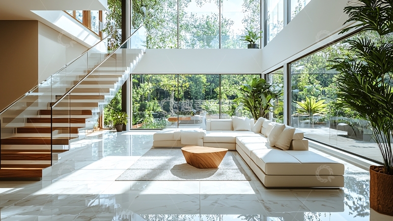 高清大图下载【趣麦麦图】明亮现代客厅楼梯大落地窗