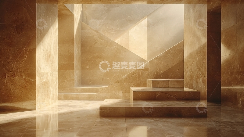 高清大图下载【趣麦麦图】光线照射下的米色石材楼梯