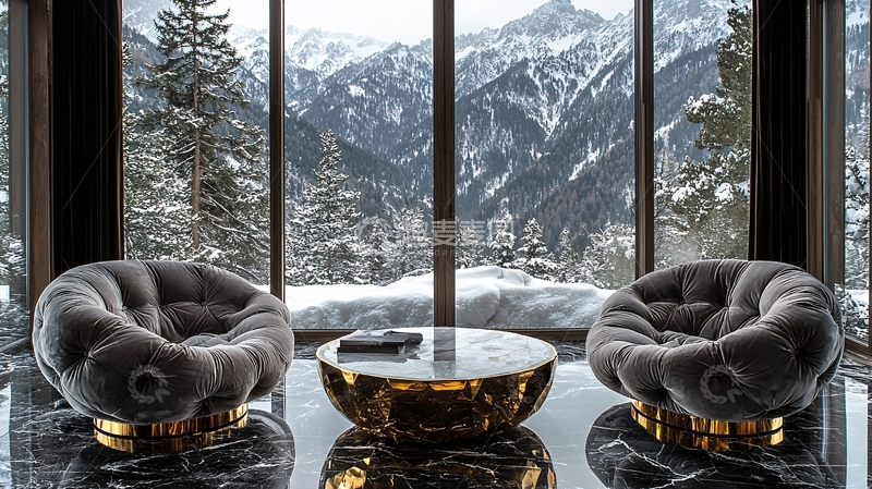高清大图下载【趣麦麦图】雪山景观落地窗