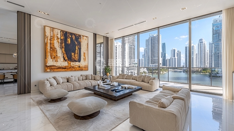 高清大图下载【趣麦麦图】现代豪华客厅落地窗城市景观