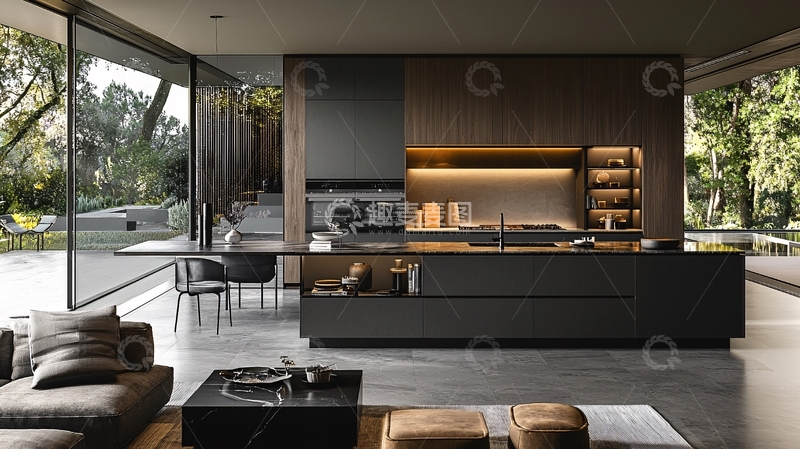 高清大图下载【趣麦麦图】现代简约厨房客厅一体化