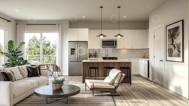 高清大图下载【趣麦麦图】现代简约开放式厨房客厅