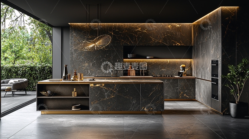 高清大图下载【趣麦麦图】现代极简黑色大理石厨房