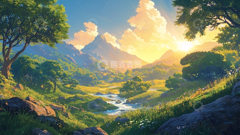 高清大图下载【趣麦麦图】阳光下的山谷溪流