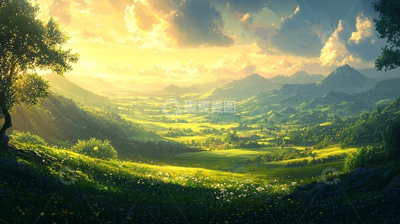 高清大图下载【趣麦麦图】阳光普照的山谷田园