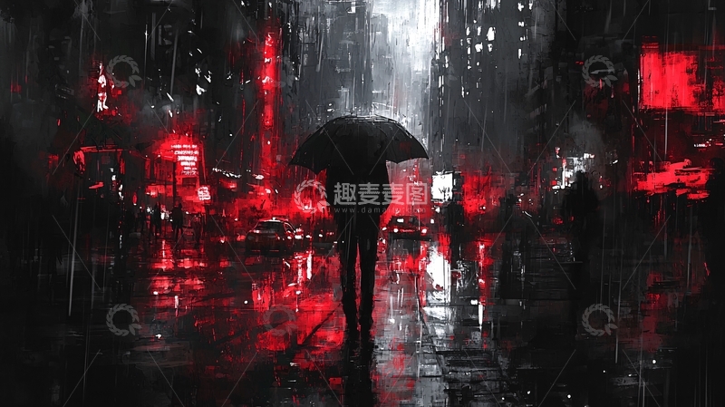 高清大图下载【趣麦麦图】雨夜城市独行者