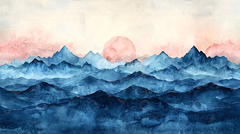 高清大图下载【趣麦麦图】水彩山脉日落
