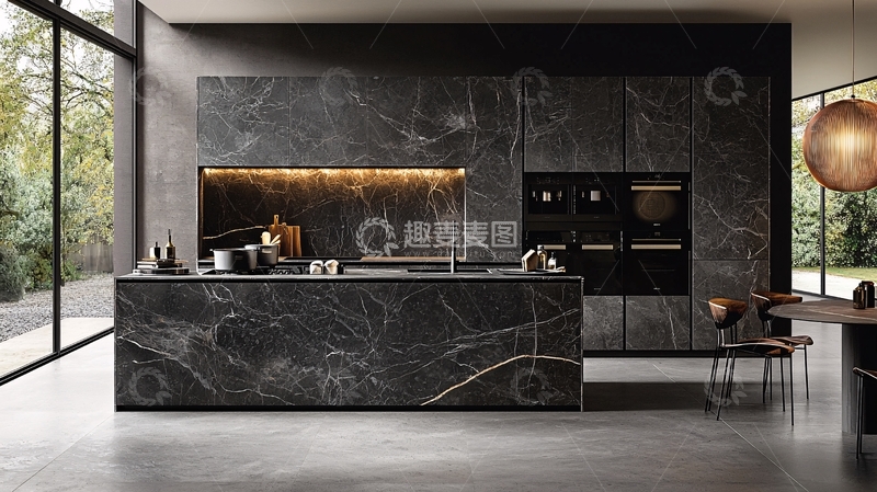 高清大图下载【趣麦麦图】现代极简黑色石材厨房
