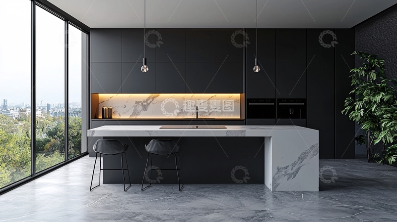 高清大图下载【趣麦麦图】现代极简黑色大理石厨房