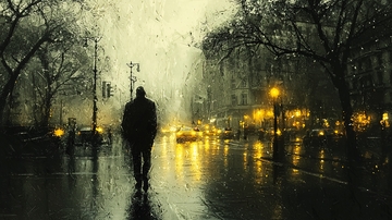 雨夜城市街道孤独背影