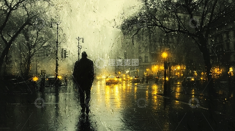 高清大图下载【趣麦麦图】雨夜城市街道孤独背影
