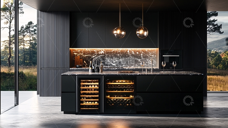 高清大图下载【趣麦麦图】现代化黑色厨房酒柜