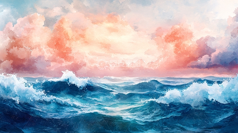 高清大图下载【趣麦麦图】梦幻般粉色天空下的蓝色大海