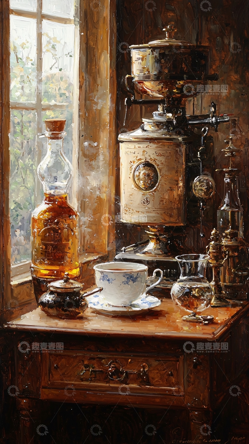 高清大图下载【趣麦麦图】复古咖啡磨豆机旁的茶杯