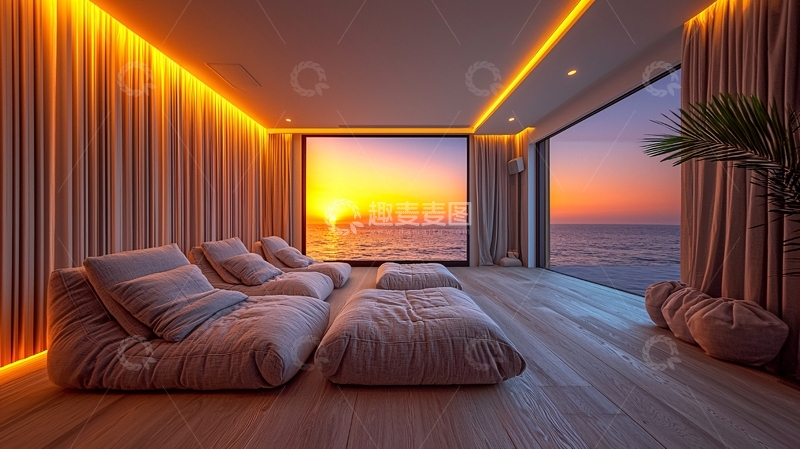 高清大图下载【趣麦麦图】海景别墅客厅日落