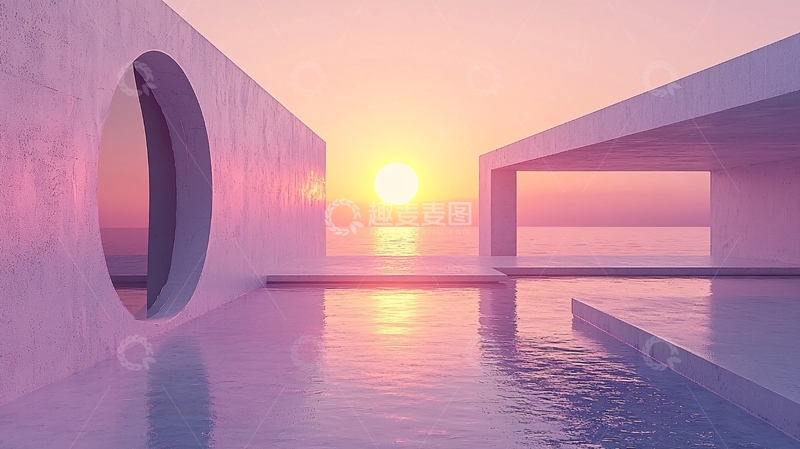 高清大图下载【趣麦麦图】极简主义日落海景建筑