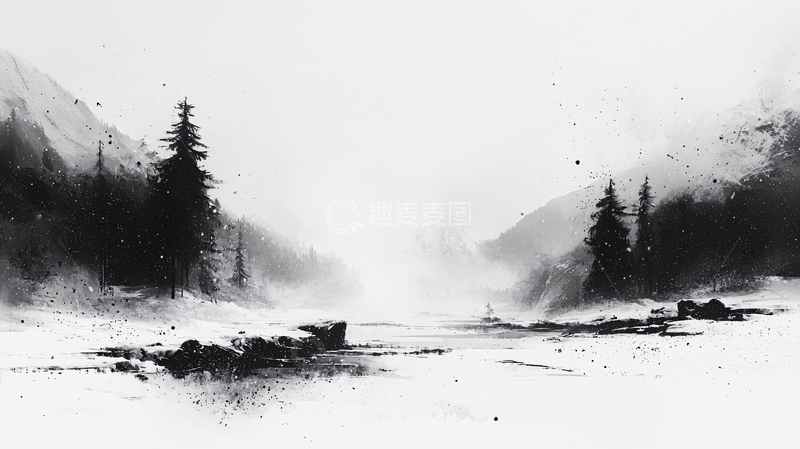 高清大图下载【趣麦麦图】水墨画风格雪山风景