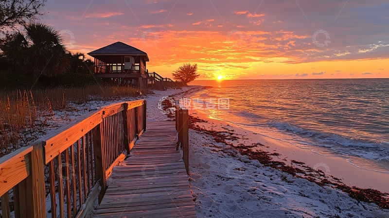 高清大图下载【趣麦麦图】海滩木栈道日落景色