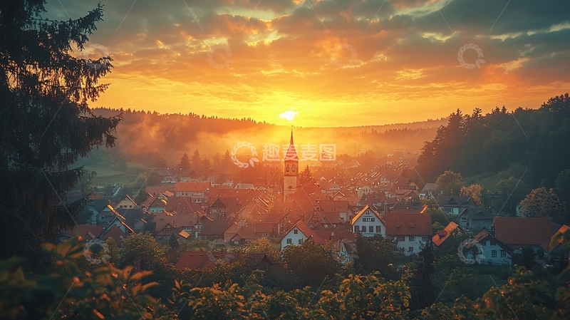 高清大图下载【趣麦麦图】雾气中的小镇日出