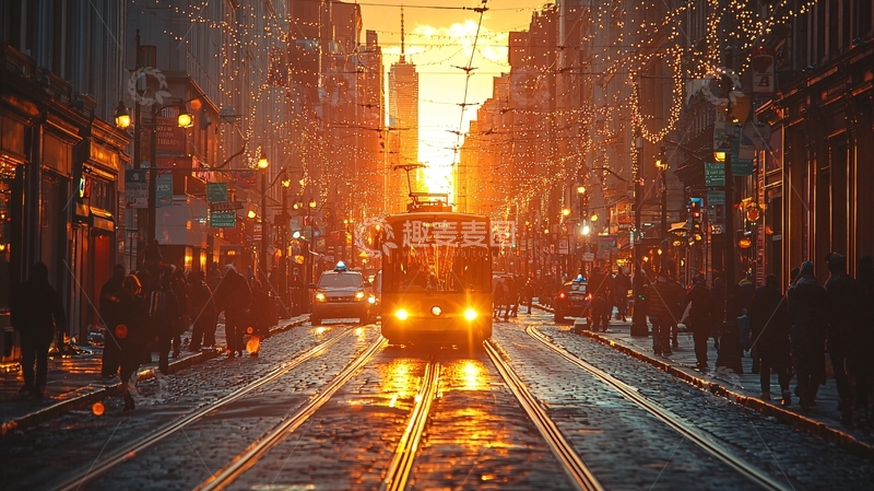 高清大图下载【趣麦麦图】夕阳西下城市电车