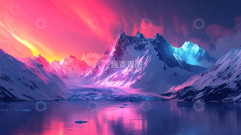 高清大图下载【趣麦麦图】极光下的雪山景色