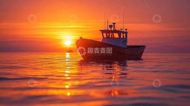 高清大图下载【趣麦麦图】日落余晖下的渔船