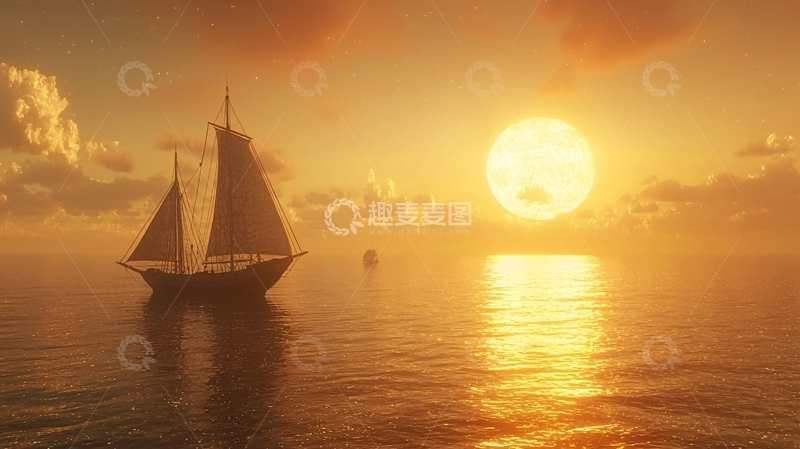 高清大图下载【趣麦麦图】夕阳西下帆船大海