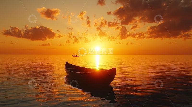 高清大图下载【趣麦麦图】夕阳西下小船海面