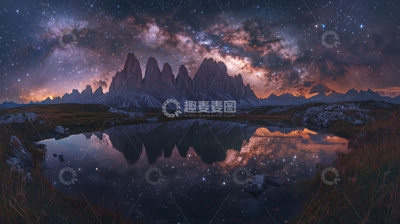 高清大图下载【趣麦麦图】星空下的山峰倒影