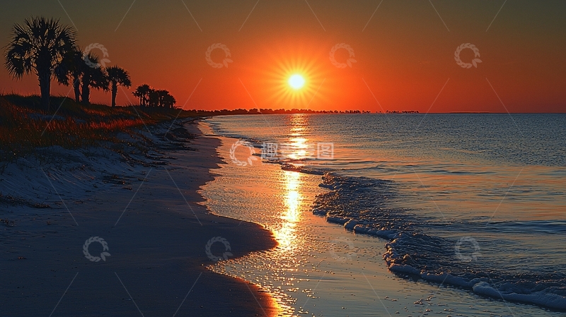 高清大图下载【趣麦麦图】海滩日落剪影