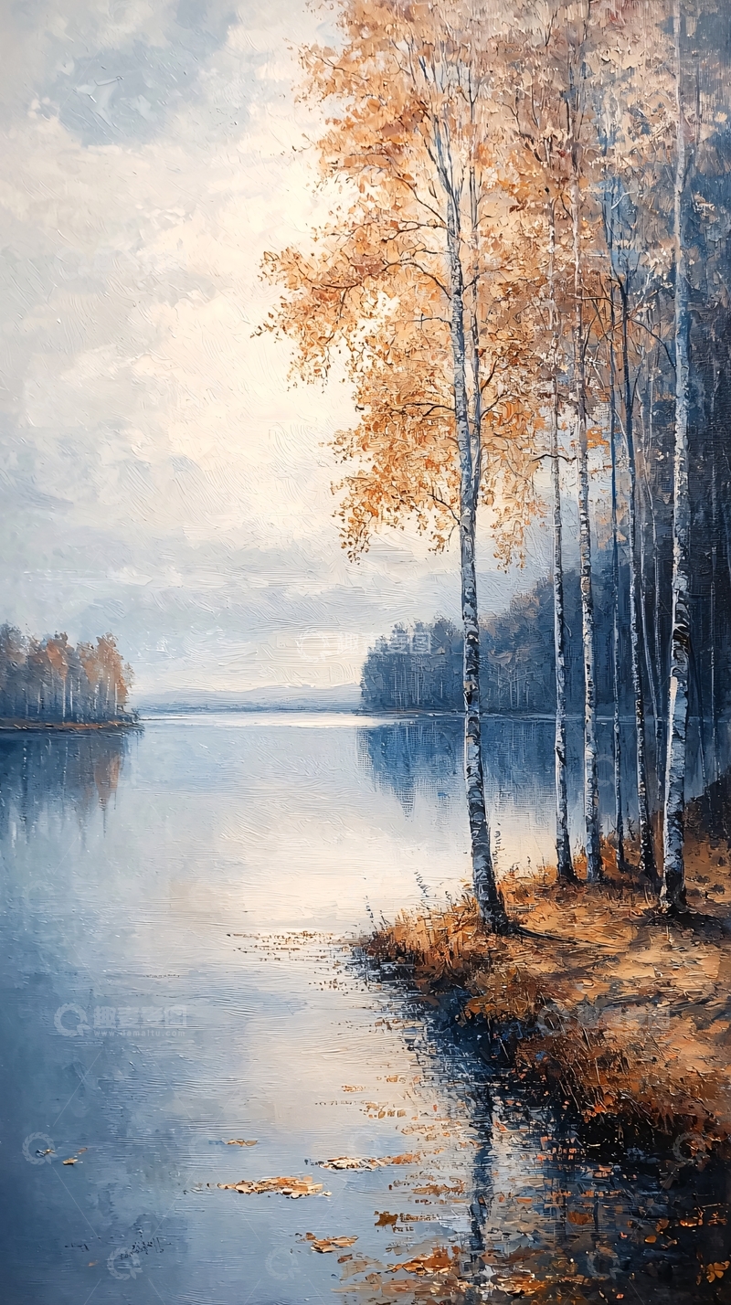 高清大图下载【趣麦麦图】秋日湖边白桦林