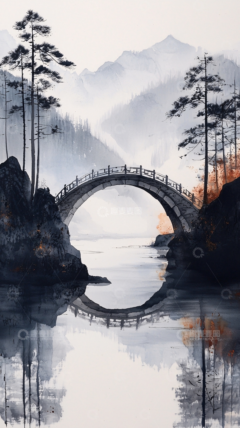 高清大图下载【趣麦麦图】水墨画山水桥
