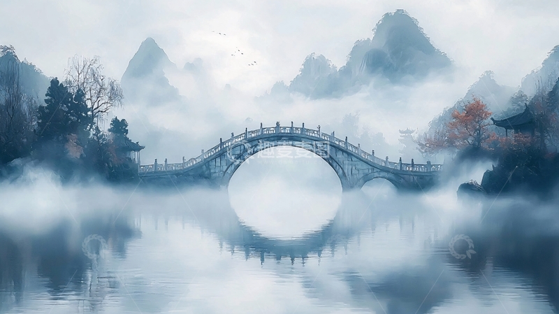 高清大图下载【趣麦麦图】水墨画山水桥