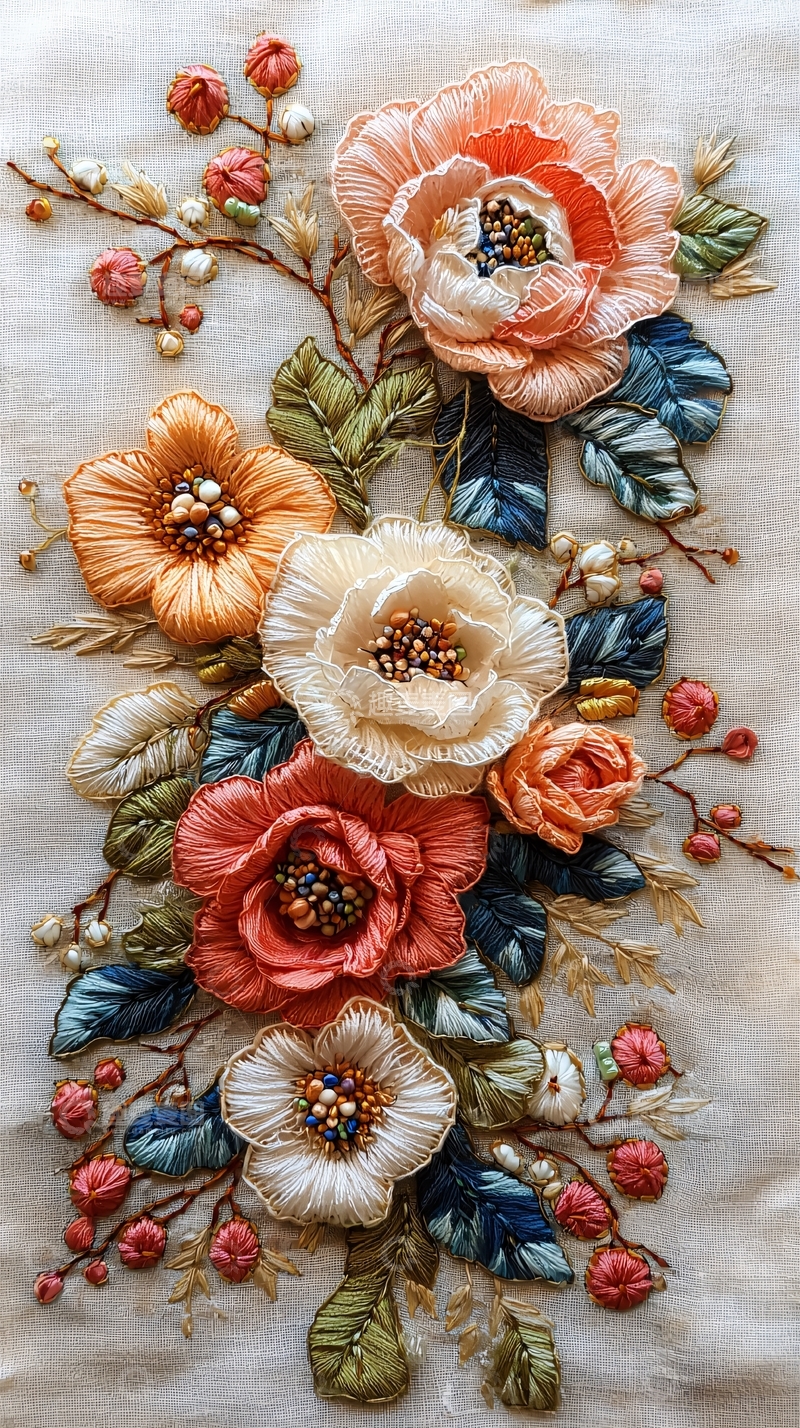 高清大图下载【趣麦麦图】丝带绣花卉图案