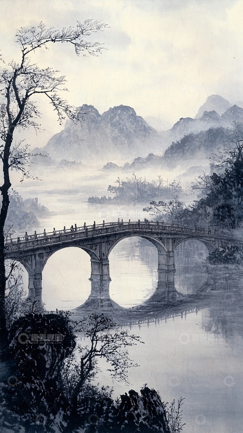 高清大图下载【趣麦麦图】水墨画山水桥