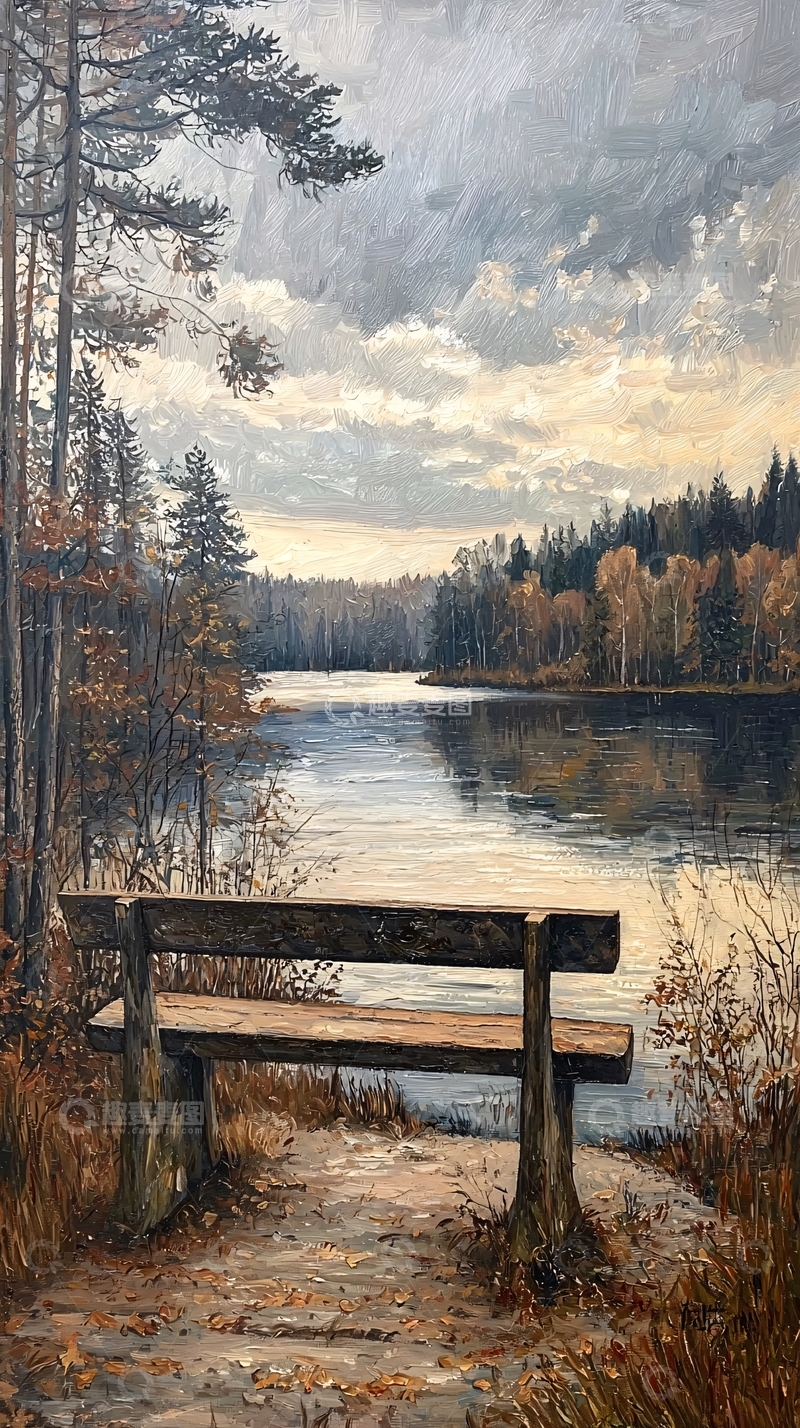 高清大图下载【趣麦麦图】秋日湖边长椅