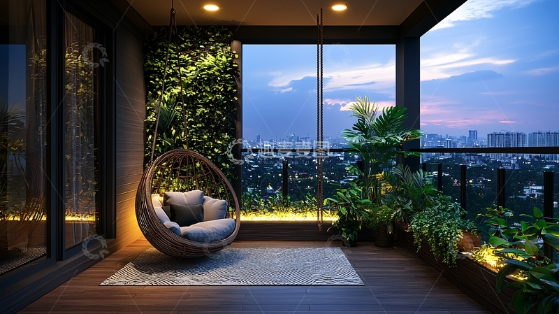 高清大图下载【趣麦麦图】阳台吊椅夜景城市景观